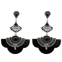 Urthn Rhodium Plated Black Stone Dangler Earrings - 1314015C