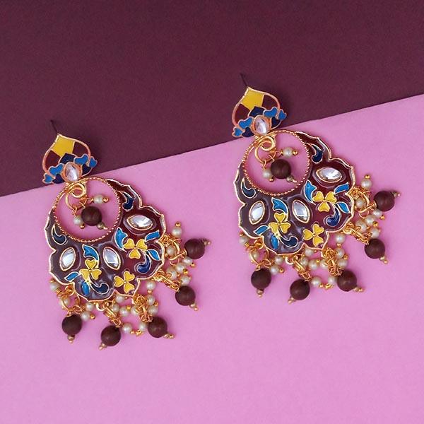 Kriaa Gold Plated Brown Meenakari Kundan Dangler Earrings - 1314202B