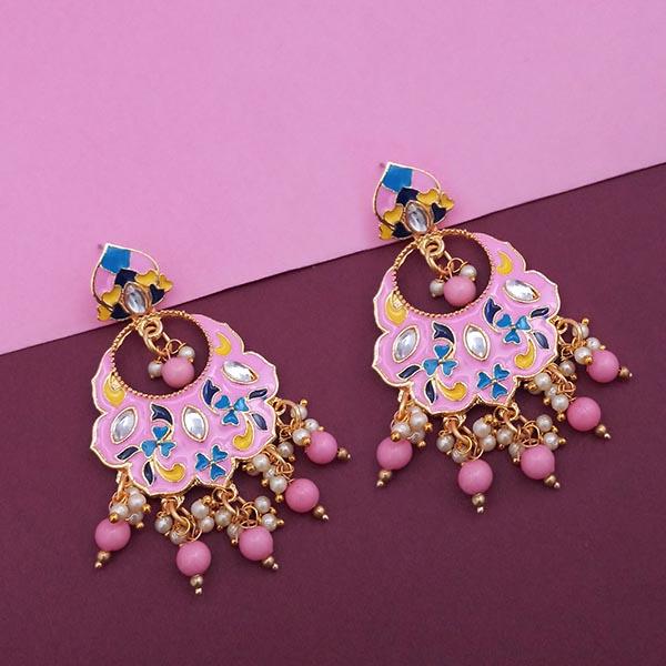 Kriaa Gold Plated Pink Meenakari Kundan Dangler Earrings - 1314202C