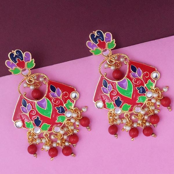 Kriaa Gold Plated Red Meenakari Kundan Dangler Earrings - 1314204D