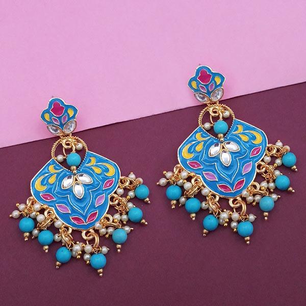 Kriaa Blue Meenakari Kundan Gold Plated Dangler Earrings - 1314206A