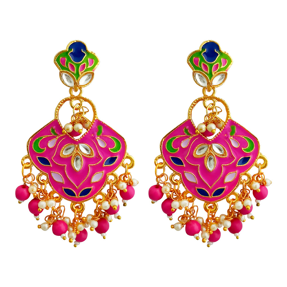 Kriaa Pink Meenakari Kundan Dangler Earrings_1314206I