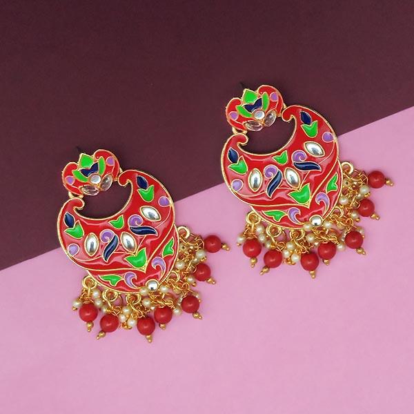 Kriaa Red Meenakari And Beads Kundan Dangler Earrings - 1314207D