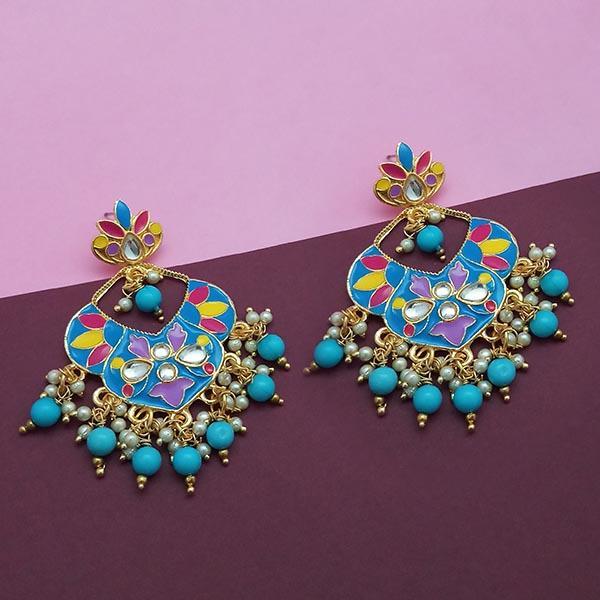 Kriaa Blue Meenakari And Beads Kundan Dangler Earrings - 1314209A