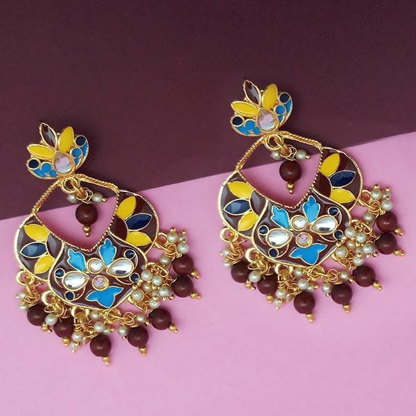 Kriaa Brown Meenakari And Beads Kundan Dangler Earrings - 1314209B