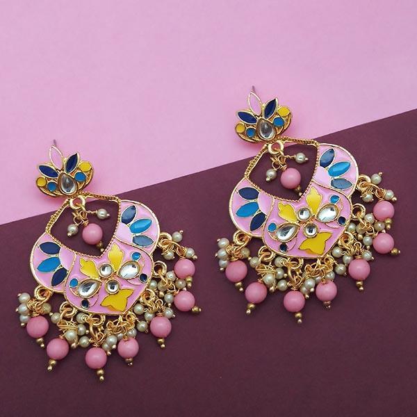 Kriaa Pink Meenakari And Beads Kundan Dangler Earrings - 1314209C