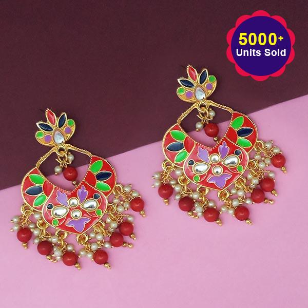 Kriaa Red Meenakari And Beads Kundan Dangler Earrings - 1314209D