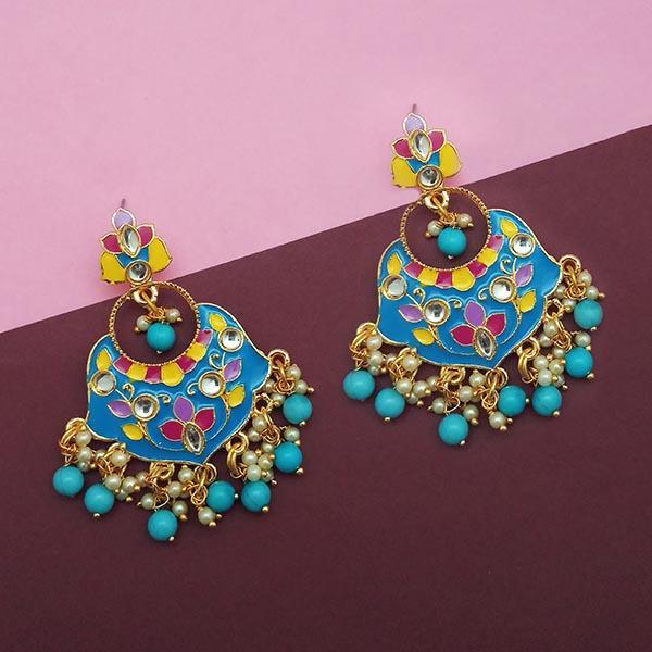 Kriaa Blue Meenakari And Beads Kundan Dangler Earrings - 1314210A