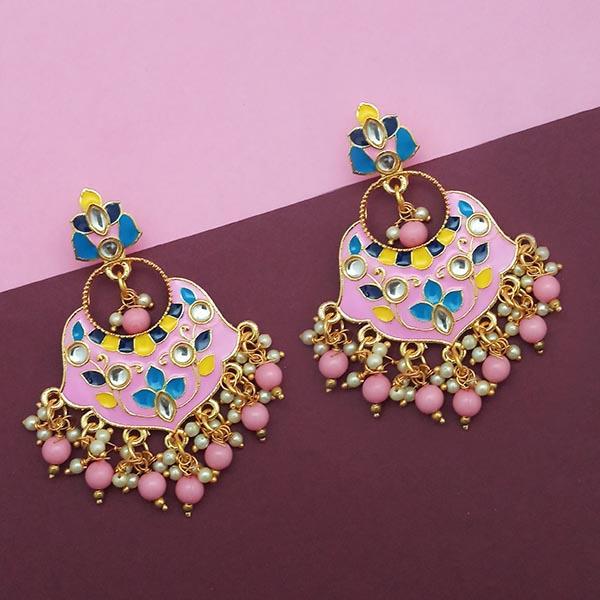 Kriaa Pink Meenakari And Beads Kundan Dangler Earrings - 1314210C