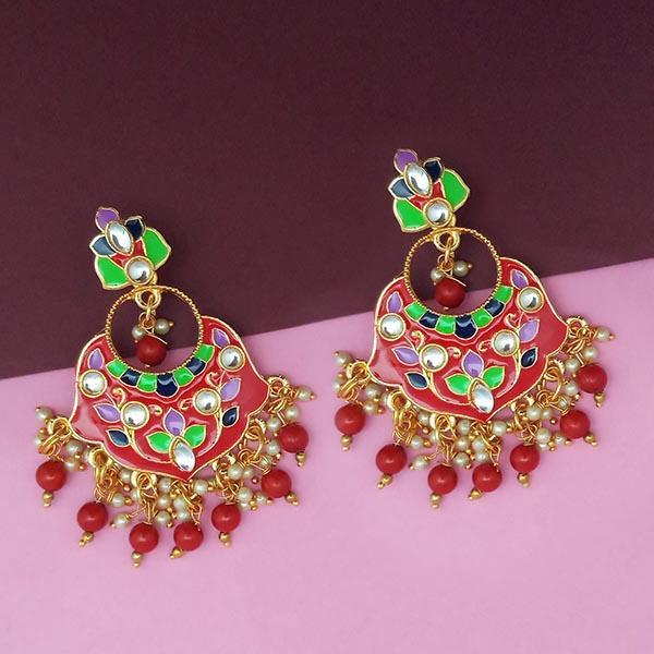 Kriaa Red Meenakari And Beads Kundan Dangler Earrings - 1314210D