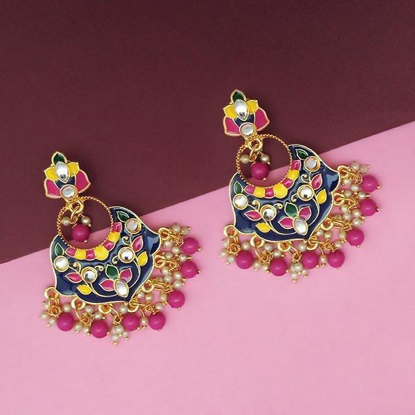 Kriaa Blue Meenakari And Beads Kundan Dangler Earrings - 1314210F