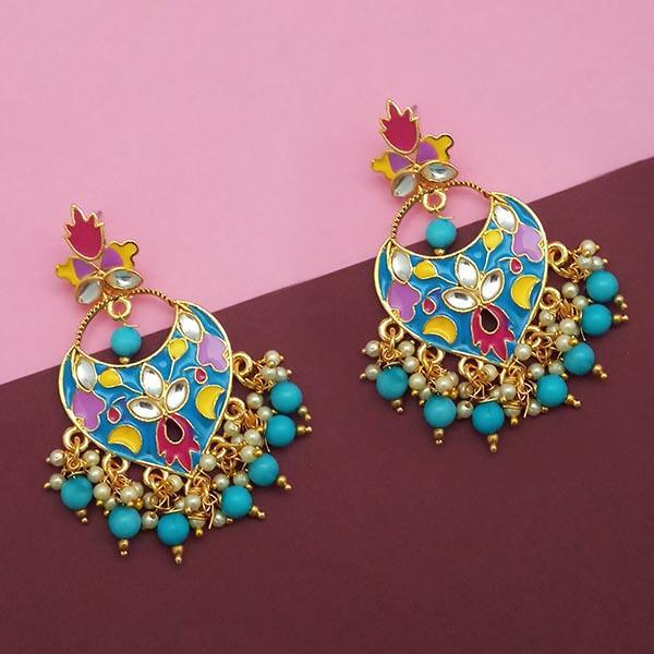 Kriaa Blue Meenakari And Beads Kundan Dangler Earrings - 1314211A