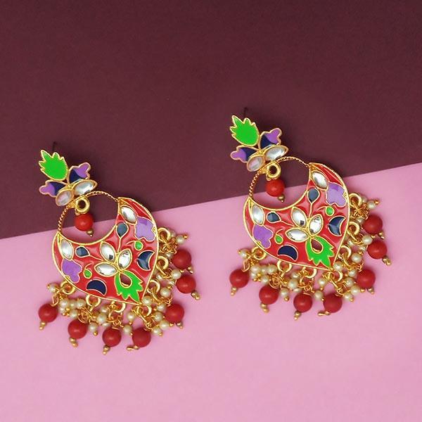 Kriaa Red Meenakari And Beads Kundan Dangler Earrings - 1314211D