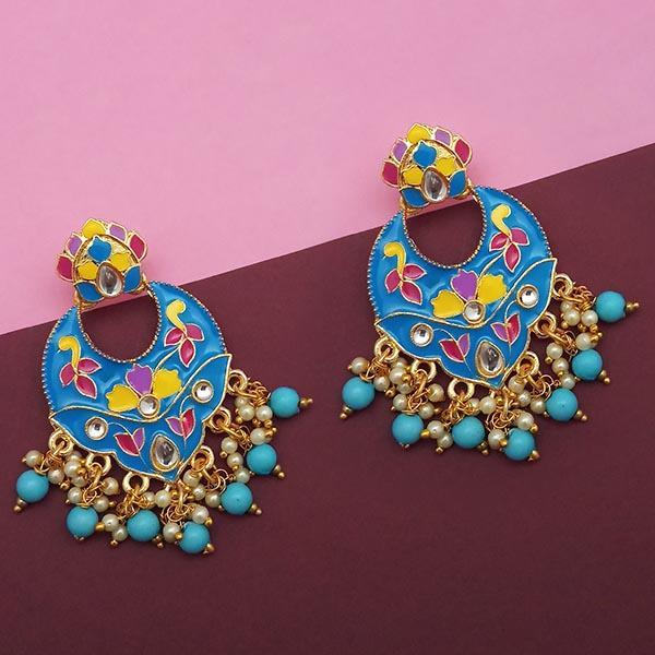 Kriaa Blue Meenakari And Beads Kundan Dangler Earrings - 1314212A