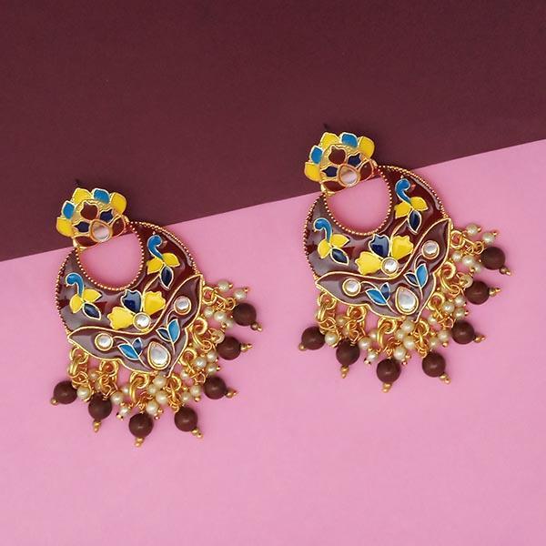 Kriaa Brown Meenakari And Beads Kundan Dangler Earrings - 1314212B
