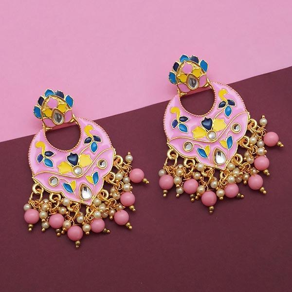 Kriaa Pink Meenakari And Beads Kundan Dangler Earrings - 1314212C