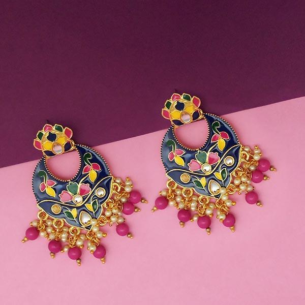 Kriaa Blue Meenakari And Beads Kundan Dangler Earrings - 1314212F