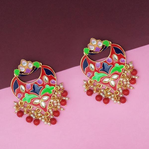 Kriaa Red Meenakari And Beads Kundan Dangler Earrings - 1314213D