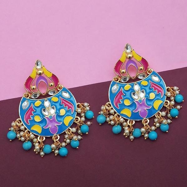 Kriaa Blue Meenakari And Beads Kundan Dangler Earrings - 1314215A