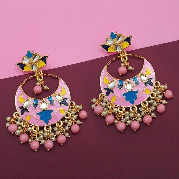 Kriaa Pink Meenakari And Beads Kundan Dangler Earrings - 1314216C