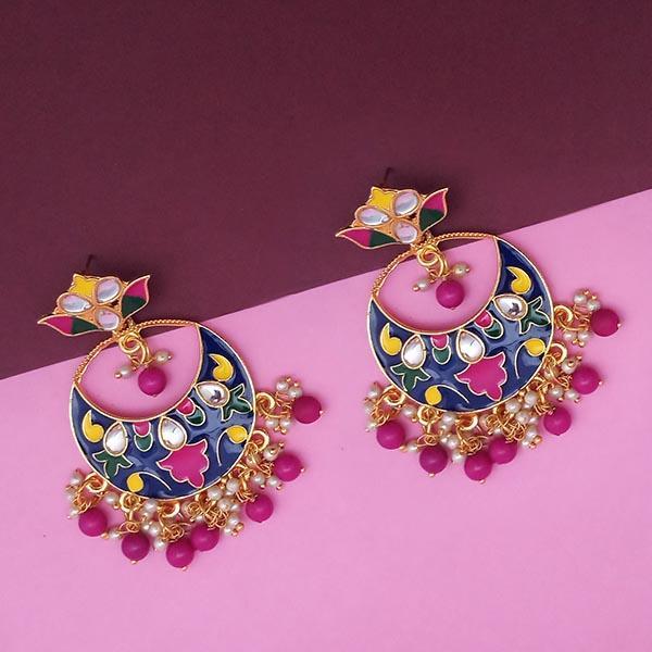 Kriaa Blue Meenakari And Beads Kundan Dangler Earrings - 1314216F