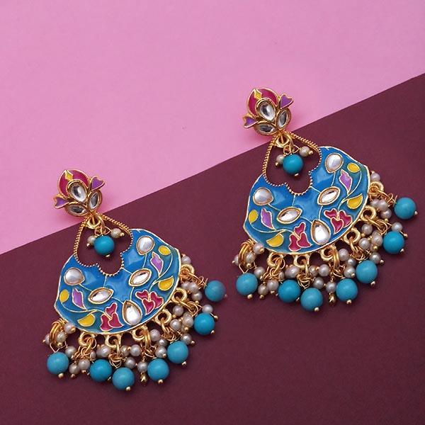 Kriaa Blue Meenakari And Beads Kundan Dangler Earrings - 1314217A