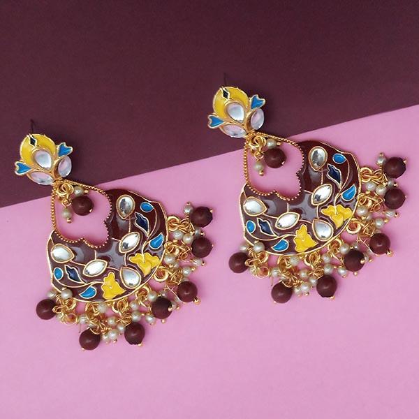 Kriaa Brown Meenakari And Beads Kundan Dangler Earrings - 1314217B
