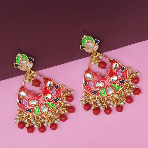 Kriaa Red Meenakari And Beads Kundan Dangler Earrings - 1314217D