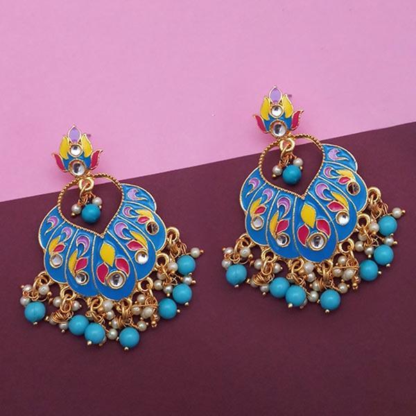 Kriaa Blue Meenakari And Beads Kundan Dangler Earrings - 1314218A