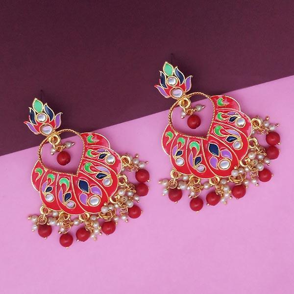 Kriaa Red Meenakari And Beads Kundan Dangler Earrings - 1314218D
