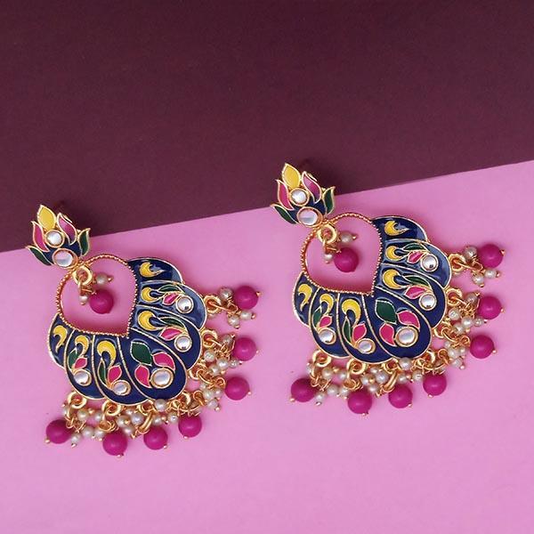 Kriaa Blue Meenakari And Beads Kundan Dangler Earrings - 1314218F