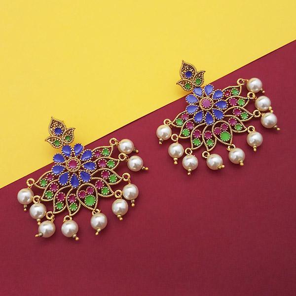 Kriaa Blue Meenakari And Pearl Dangler Earrings - 1314219A