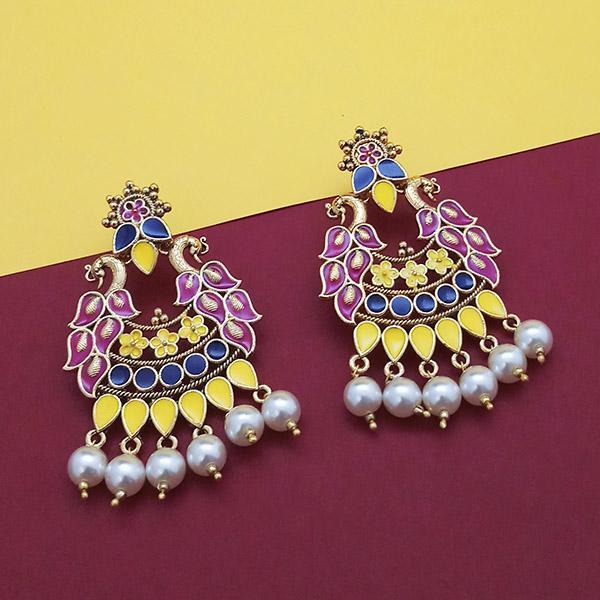 Kriaa Purple Meenakari And Pearl Dangler Earrings - 1314222F