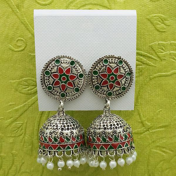 Kriaa Maroon And Green Meenakari And Beads Jhumki Earrings - 1314233G