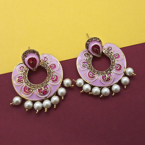 Kriaa Gold Plated Austrian Stone Pink Meenakari Pearl Dangler Earrings - 1314234A