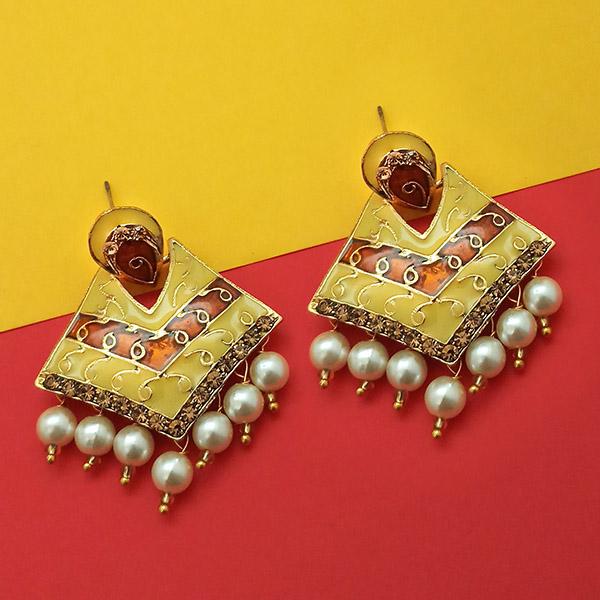 Kriaa Gold Plated Austrian Stone Yellow Meenakari Pearl Dangler Earrings - 1314239B