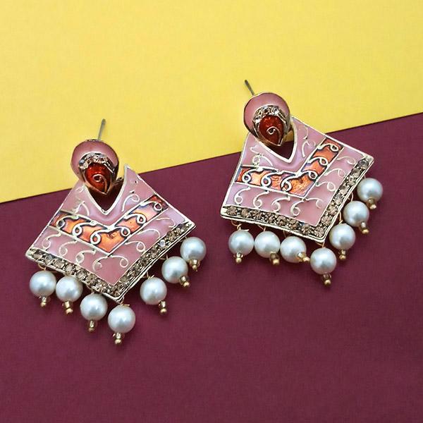 Kriaa Gold Plated Austrian Stone Pink Meenakari Pearl Dangler Earrings - 1314239C