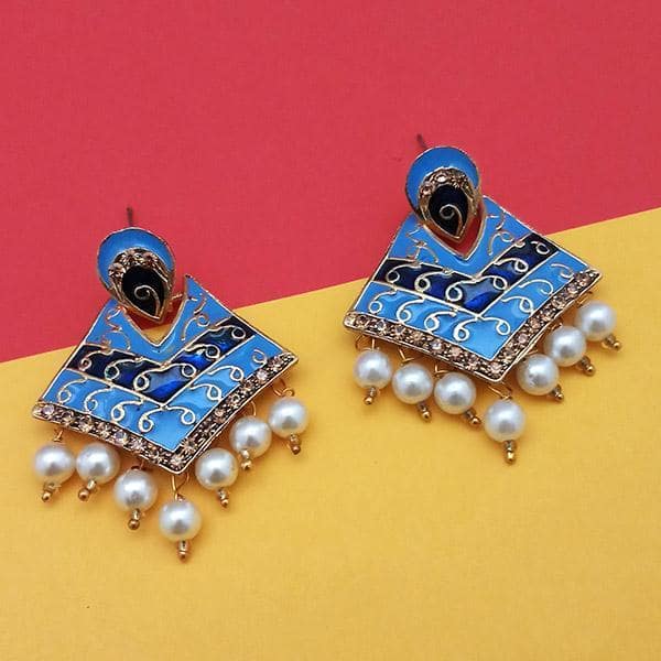 Kriaa Gold Plated Austrian Stone Blue Meenakari Pearl Dangler Earrings - 1314239G