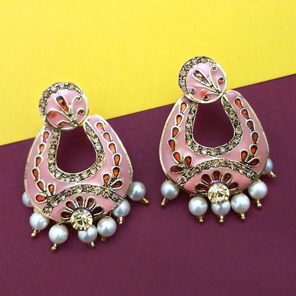 Kriaa Gold Plated Austrian Stone Pink Meenakari Pearl Dangler Earrings - 1314240B