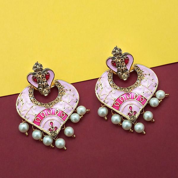 Kriaa Gold Plated Austrian Stone Pink Meenakari Pearl Dangler Earrings - 1314241A