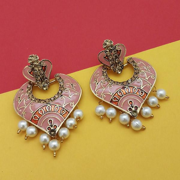 Kriaa Gold Plated Austrian Stone Pink Meenakari Pearl Dangler Earrings - 1314241B