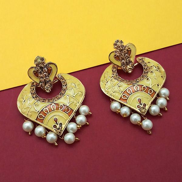 Kriaa Gold Plated Austrian Stone Yellow Meenakari Pearl Dangler Earrings - 1314241C