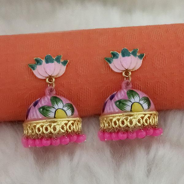 Kriaa Pink Meenakari Lotus Jhumka Earrings - 1314428A