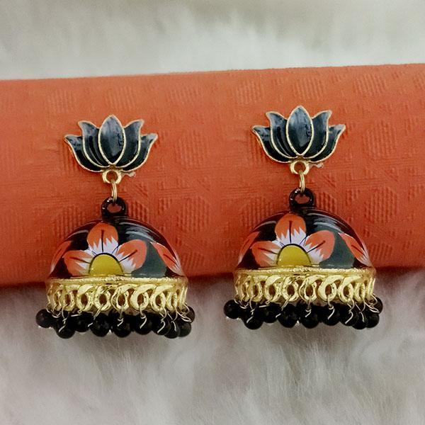 Kriaa Black Meenakari Lotus Jhumka Earrings - 1314428B