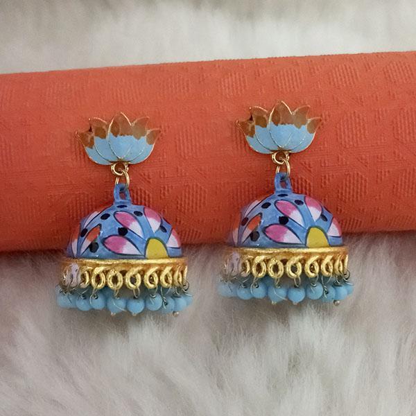 Kriaa Blue Meenakari Lotus Jhumka Earrings - 1314428C