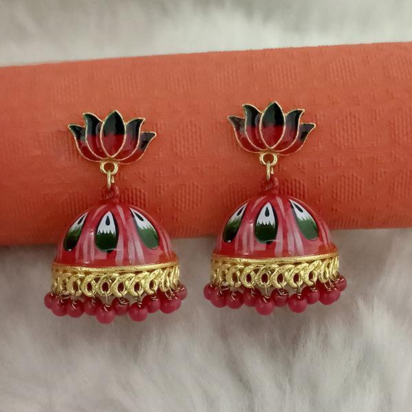 Kriaa Red Meenakari Lotus Jhumka Earrings - 1314428D