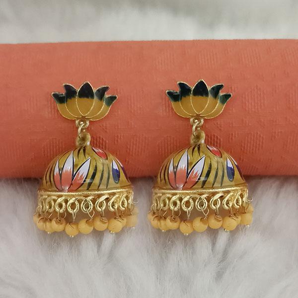 Kriaa Yellow Meenakari Lotus Jhumka Earrings - 1314428E