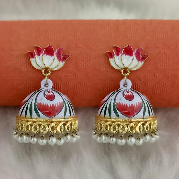 Kriaa White Meenakari Lotus Jhumka Earrings - 1314428F