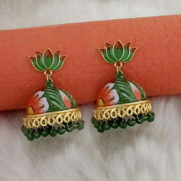 Kriaa Green Meenakari Lotus Jhumka Earrings - 1314428H