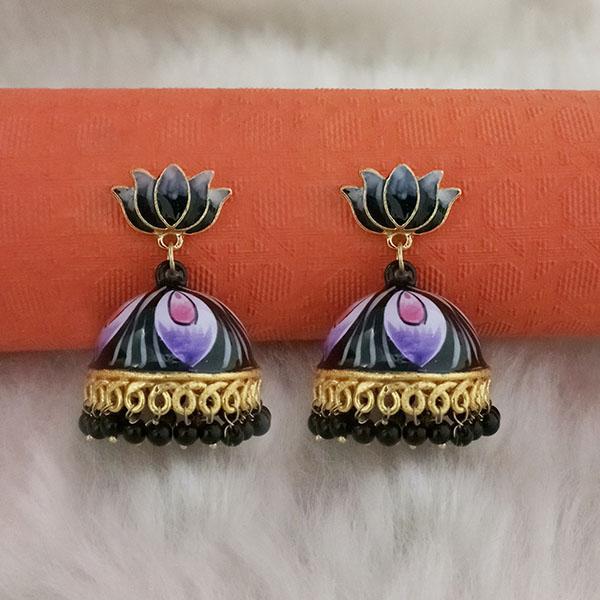 Kriaa Black Meenakari Lotus Jhumka Earrings - 1314428I